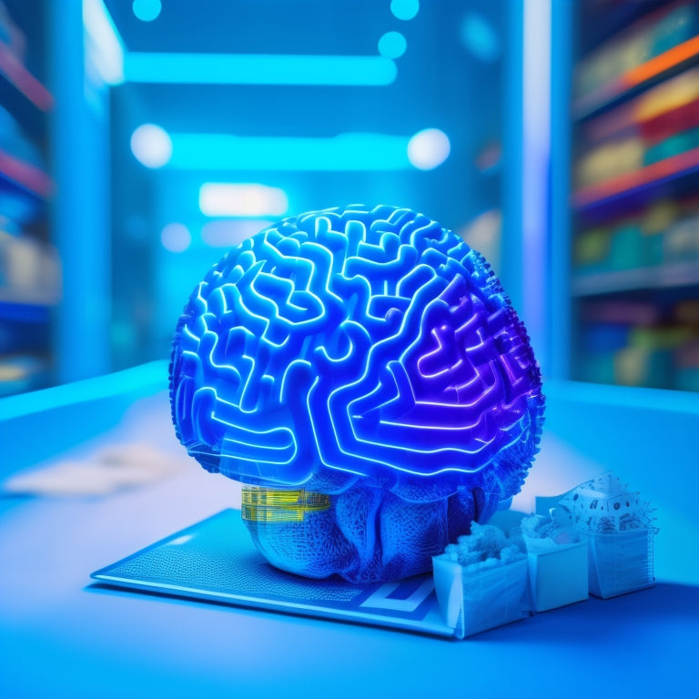 A futuristic, glowing blue brain with gears and circuits visible inside, surrounded by shopping bags and product boxes, with a subtle Google logo in the background.