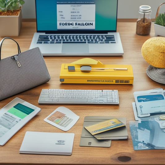A stylized illustration of a merchant's desk, with a laptop and a credit card terminal prominently displayed, surrounded by minimalist icons of shopping bags, dollar signs, and upward trending graphs.
