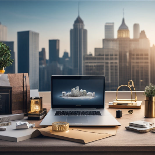 A minimalist illustration of an e-commerce website on a laptop screen, surrounded by various icons like shopping bags, credit cards, and puzzle pieces, with a subtle cityscape background.