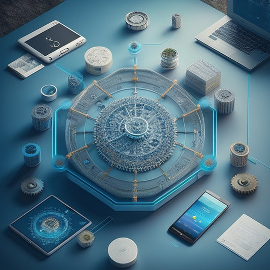 A stylized illustration of a centralized hub with interconnected gears, surrounded by various digital elements like laptops, tablets, and smartphones, blending seamlessly into a cohesive online ecosystem.