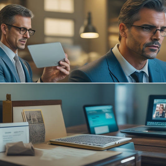 A split-screen image with a puzzled business owner on the left, surrounded by scattered papers and credit cards, and a confident entrepreneur on the right, with a tablet and a tidy dashboard.