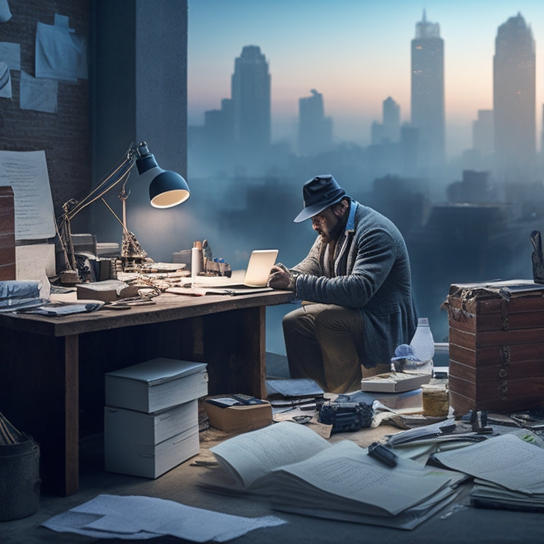 An illustration of a merchant, surrounded by scattered papers, devices, and confusion, with a faint cityscape in the background, transitioning to a tidy workspace with a laptop and organized tools.