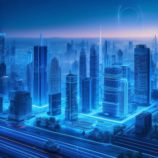 A futuristic, minimalist illustration of a cityscape with skyscrapers made of online shopping carts, laptops, and smartphones, connected by glowing blue circuits and wires, set against a dark blue gradient background.