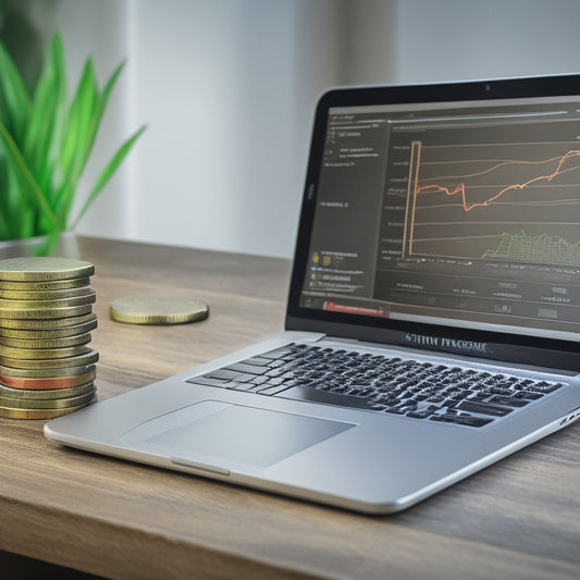 An illustration of a digital scale balancing a pile of coins on one side and a laptop with a rising graph on the screen on the other, set against a blurred online marketplace background.