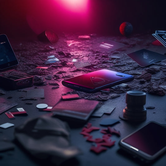 A dark, ominous background with a shattered smartphone screen in the foreground, surrounded by scattered digital goods icons (games, music, e-books) and fake credit cards with a red "X" marked through them.