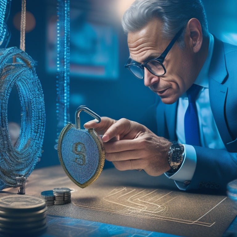 An illustration of a business owner unlocking a padlock with a key, surrounded by swirling shapes of money, credit cards, and wires, set against a background of rising graphs and charts.