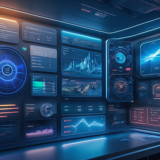 A futuristic dashboard with sleek, neon-lit graphs and charts, surrounded by orbiting product boxes and gears, with a large, glowing "LAUNCH" button at the center.