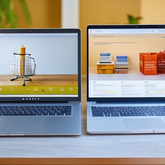 A laptop screen displaying a split-screen comparison of online course platforms, with a subtle ecommerce website background, surrounded by minimalist icons of shopping carts, graphs, and certificates.