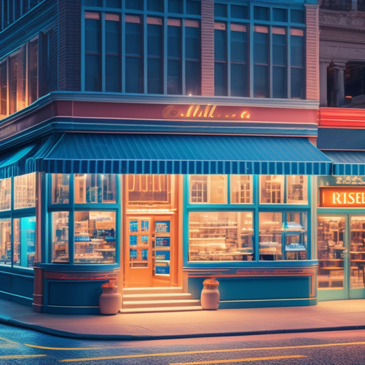 An illustration of a storefront with a bright, glowing cash register, surrounded by swirling lines of commerce, and a subtle background of cityscape or Main Street, symbolizing business growth.