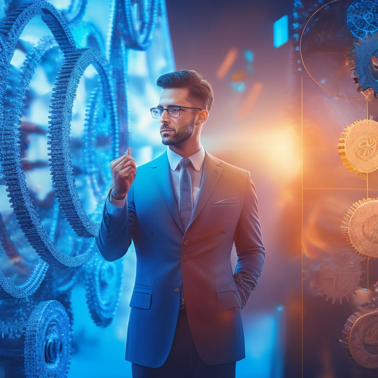 A modern, sleek, and minimalist illustration of a businessman standing in front of a large, glowing puzzle with interlocking gears and coins, surrounded by subtle, swirling arrows and lines.