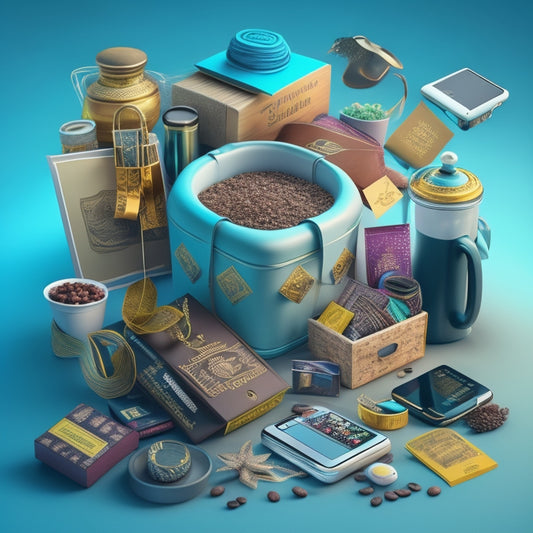 A stylized, 3D illustration of a treasure chest overflowing with various product icons, such as a t-shirt, smartphone, and coffee mug, surrounded by swirling ribbons and subtle e-commerce elements.