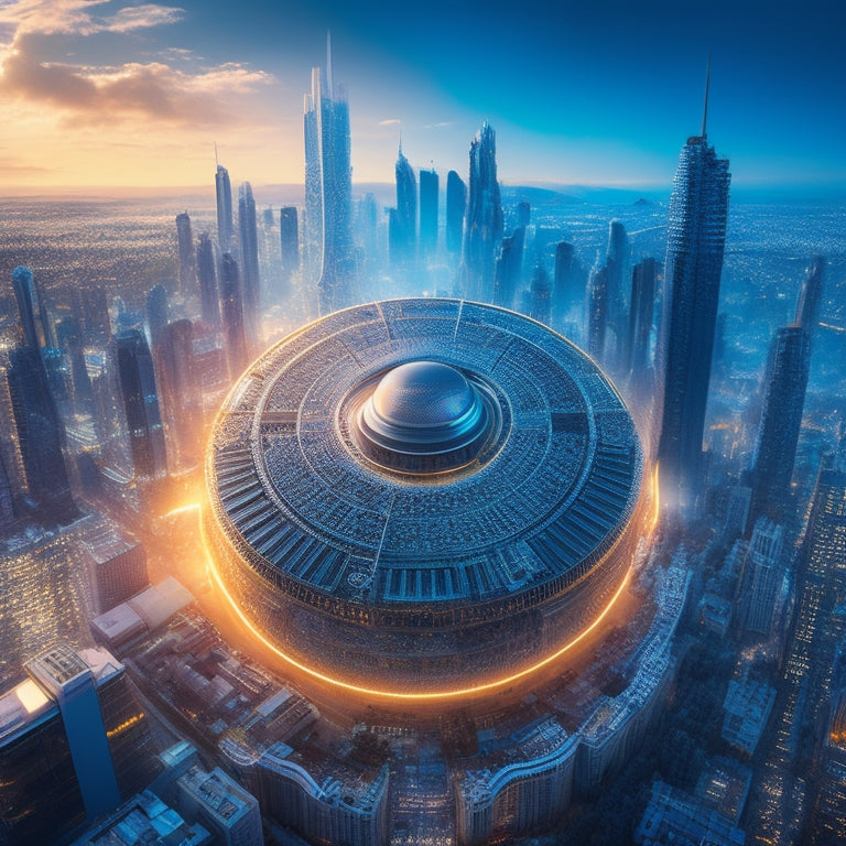 An illustration of a futuristic cityscape with sleek skyscrapers, wherein a giant EMV chip hovers above, radiating a protective aura, surrounded by swirling patterns of 1s and 0s, with tiny padlocks and shields embedded.
