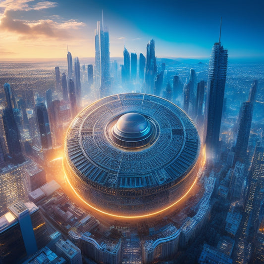 An illustration of a futuristic cityscape with sleek skyscrapers, wherein a giant EMV chip hovers above, radiating a protective aura, surrounded by swirling patterns of 1s and 0s, with tiny padlocks and shields embedded.