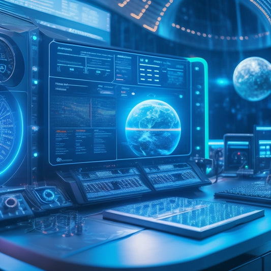 A futuristic dashboard with gauges, wires, and circuits in the background, featuring a central console with a glowing blue orb surrounded by orbiting gears, conveying technical support and merchant solutions.