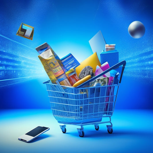 An illustration of a rising arrow piercing a shopping bag overflowing with various consumer goods, surrounded by laptops and smartphones with glowing screens, set against a bright blue background.