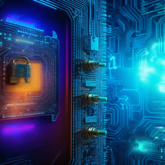 An abstract illustration of a digital key unlocking a padlock wrapped around a growing chart, surrounded by swirls of code and pixels, with a subtle background of circuit boards and motherboards.