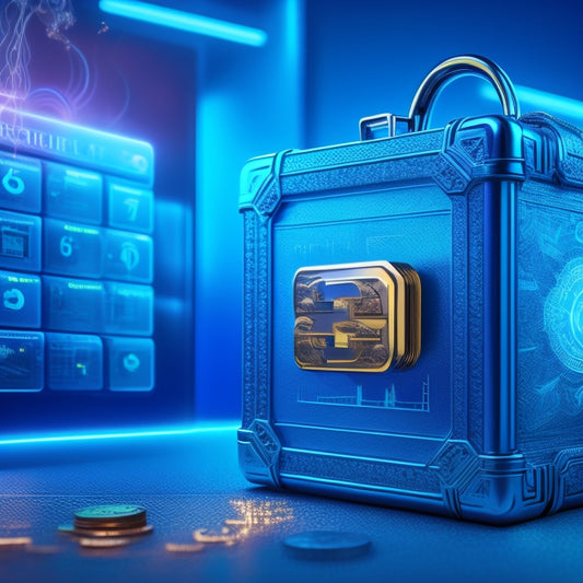 A futuristic, metallic key unlocking a chrome briefcase, surrounded by rising graphs, currency symbols, and subtle sparks, set against a dark blue background with a subtle gradient.