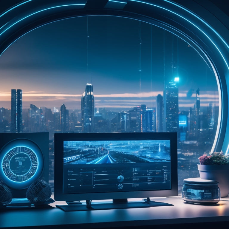 A futuristic dashboard with glowing blue lines and circles, surrounded by minimalist shelves stocked with various products, amidst a subtle cityscape background at dusk.