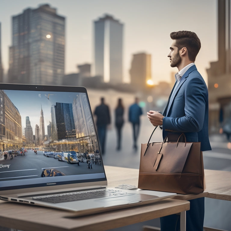 A professional, modern illustration of a person standing in front of a laptop with a subtle ecommerce website on the screen, surrounded by rising graphs, shopping bags, and a cityscape in the background.