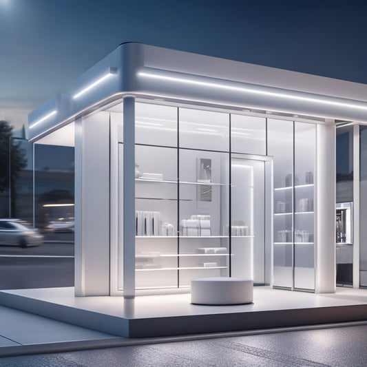 A stylized, modern illustration of a sleek, silver arrow elevating a small, minimalist storefront on a rising platform, surrounded by orbiting gears, circuits, and subtle LED lights.