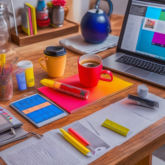 A colorful, organized desk with a laptop, a few laminated guides with marketing diagrams and charts, and a cup of coffee, surrounded by scattered sticky notes and a few pens.