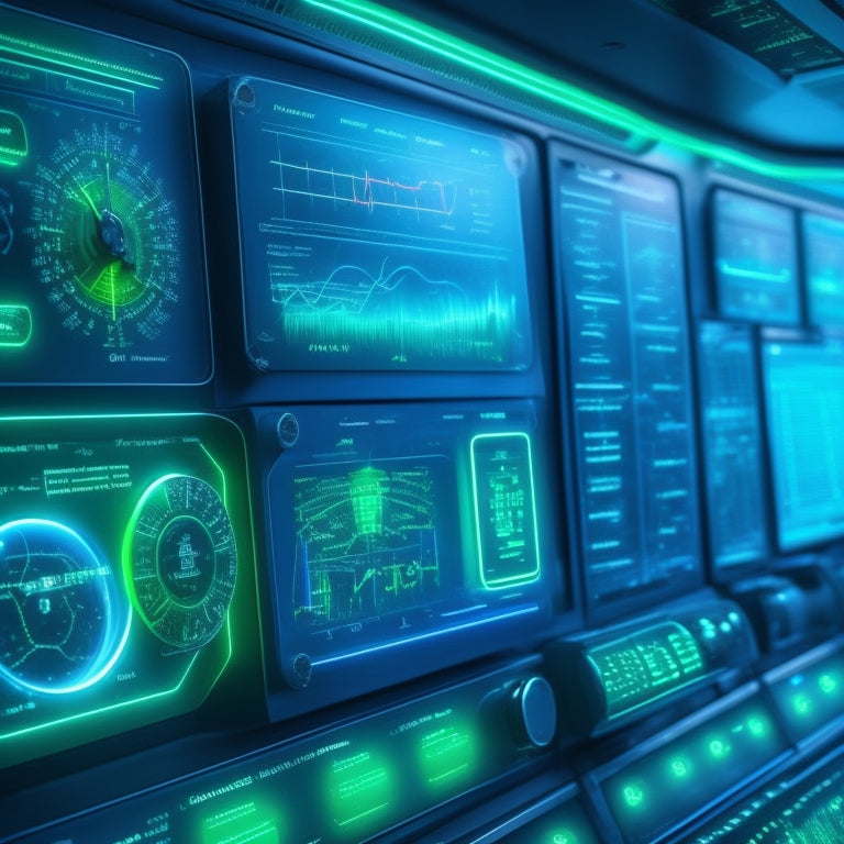 A futuristic, high-tech dashboard with various digital download tools and icons, surrounded by swirling circuits and wires, set against a dark blue and neon green background.