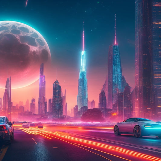 A futuristic, neon-lit cityscape at dusk with sleek skyscrapers, holographic advertisements, and flying cars zipping by, set against a backdrop of orbiting satellites and a partially visible moon.