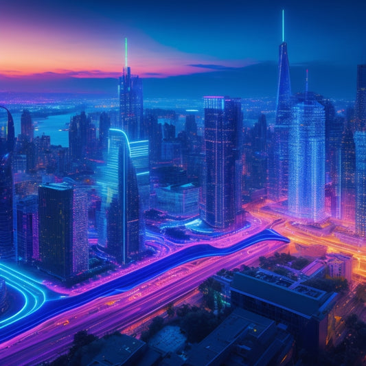 A futuristic, high-tech cityscape at dusk with sleek skyscrapers, neon lights, and holographic screens displaying swirling digital currencies and publications, connected by glowing circuits and wires.
