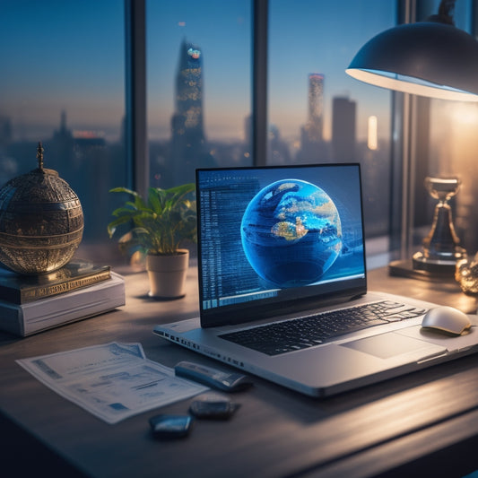A laptop on a modern desk with a cityscape background, surrounded by stacks of money, a miniature globe, and a few certificates, with a subtle glow emanating from the screen.