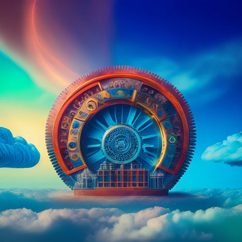 An abstract illustration depicting a stylized Shopify storefront with gears and cogs integrating into the background, surrounded by swirling clouds of files and uploads in various formats.