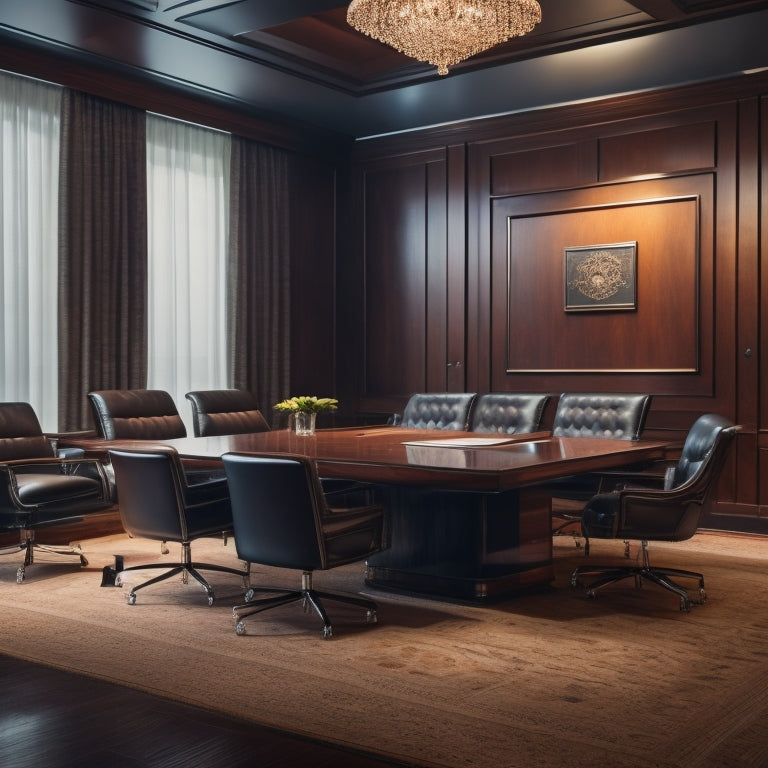 A luxurious, dimly-lit conference room with a large, polished wooden table at its center, surrounded by high-backed leather chairs, and a sleek, silver laptop open on each chair.