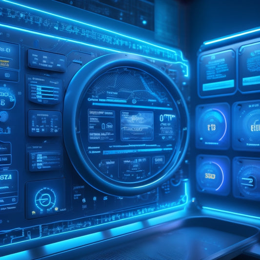 A futuristic, high-tech dashboard with interconnected gears, wires, and circuits, surrounded by floating lock icons, shields, and checkmarks, set against a dark blue background with neon blue accents.
