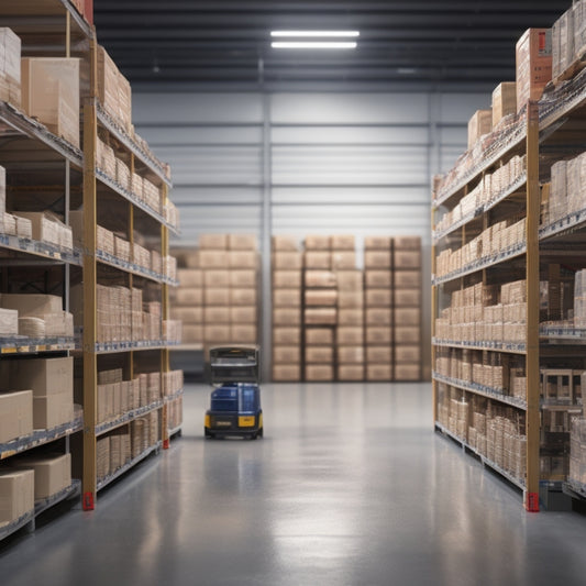 A minimalist illustration of a tidy warehouse with organized shelves, a few boxes labeled with small icons, and a tablet with a dashboard display on a pedestal, surrounded by subtle inventory management icons.