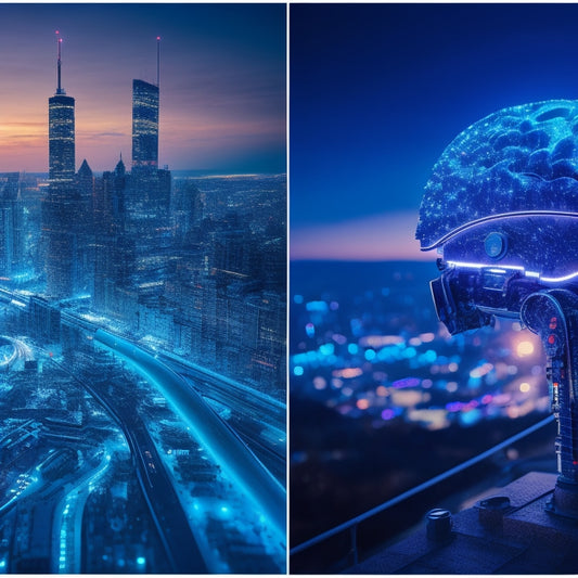 A split-screen image featuring a futuristic, sleek robotic arm on one side, surrounded by circuit boards and wires, and a human brain with glowing blue neurons on the other, amidst a cityscape at dusk.