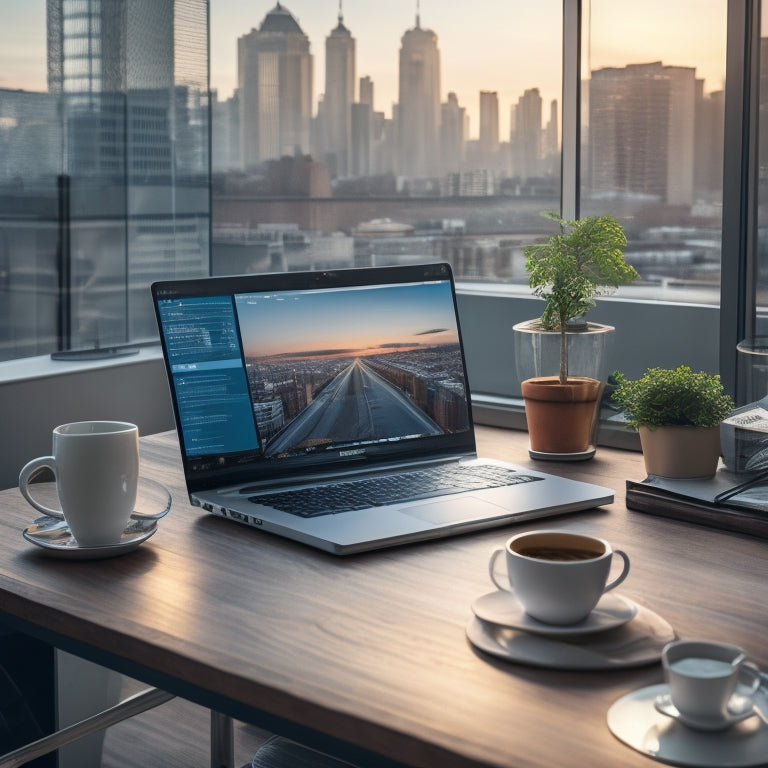 A serene, modern workspace with a laptop, surrounded by organized notes and a cup of coffee, in front of a blurred cityscape with a subtle e-commerce website on the laptop screen.