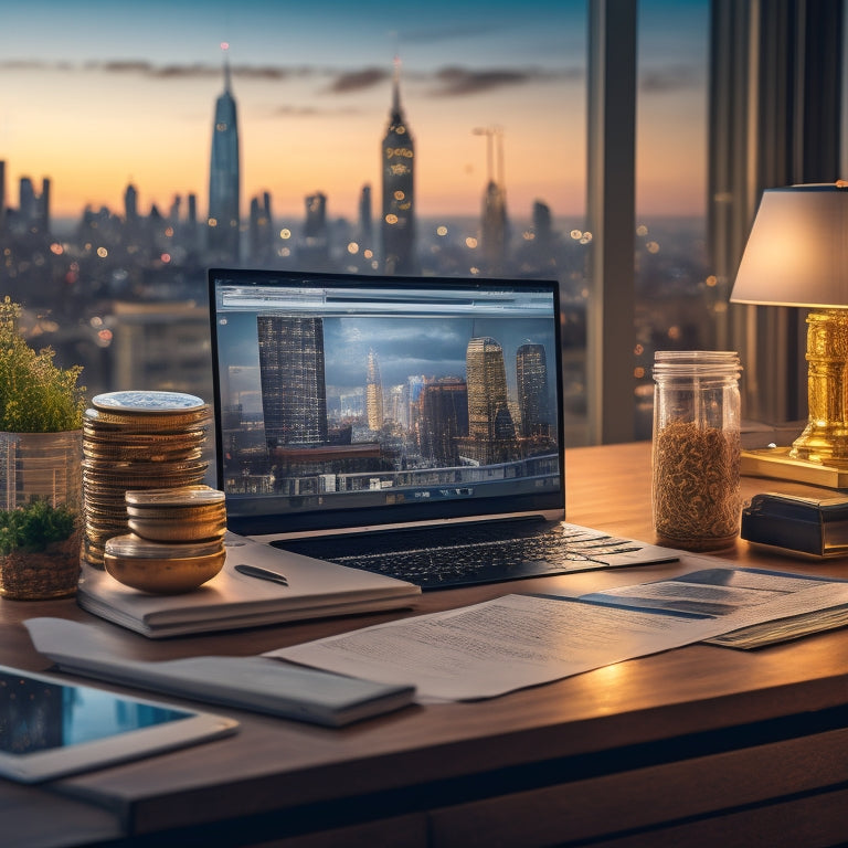 An illustration of a merchant's desk with a laptop and tablet, surrounded by organized stacks of coins, papers, and products, with a blurred cityscape in the background, symbolizing efficiency and growth.