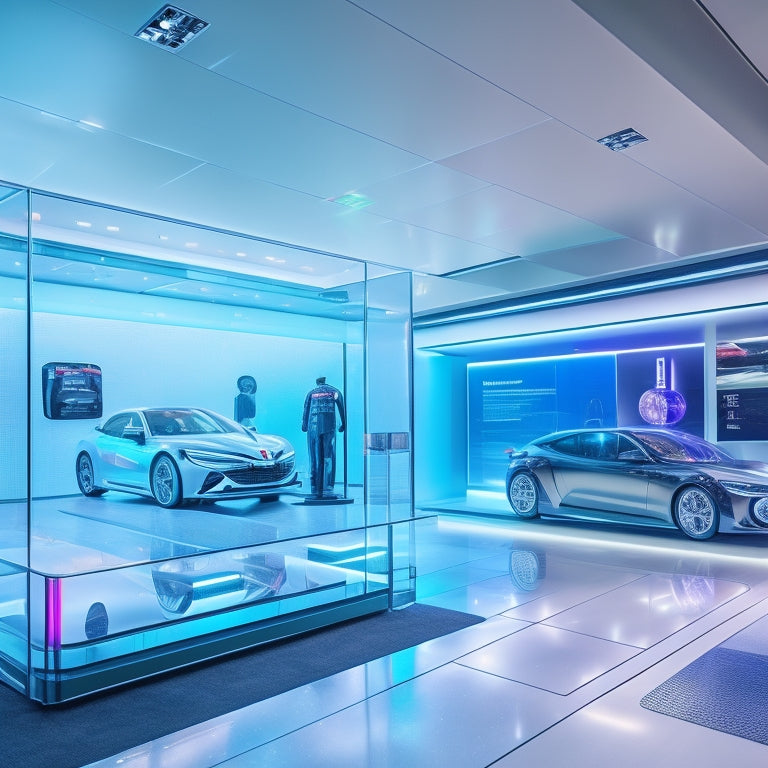 A futuristic digital showroom with a holographic Honda car rotating in mid-air, surrounded by sleek, minimalist screens displaying car features and amenities.