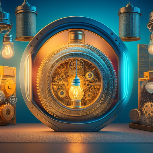 A stylized illustration of a combination lock with gears and cogs visible underneath, surrounded by e-commerce elements like shopping carts, products, and shipping boxes, with a glowing lightbulb in the center.
