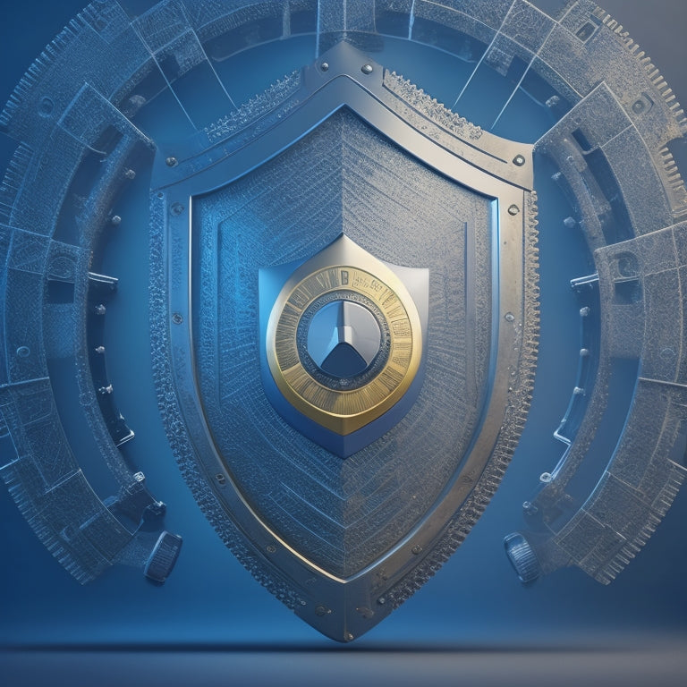 A shield icon surrounded by a circle of interconnected gears, with a faint e-commerce background, conveying protection and seamless integration of online course security solutions.