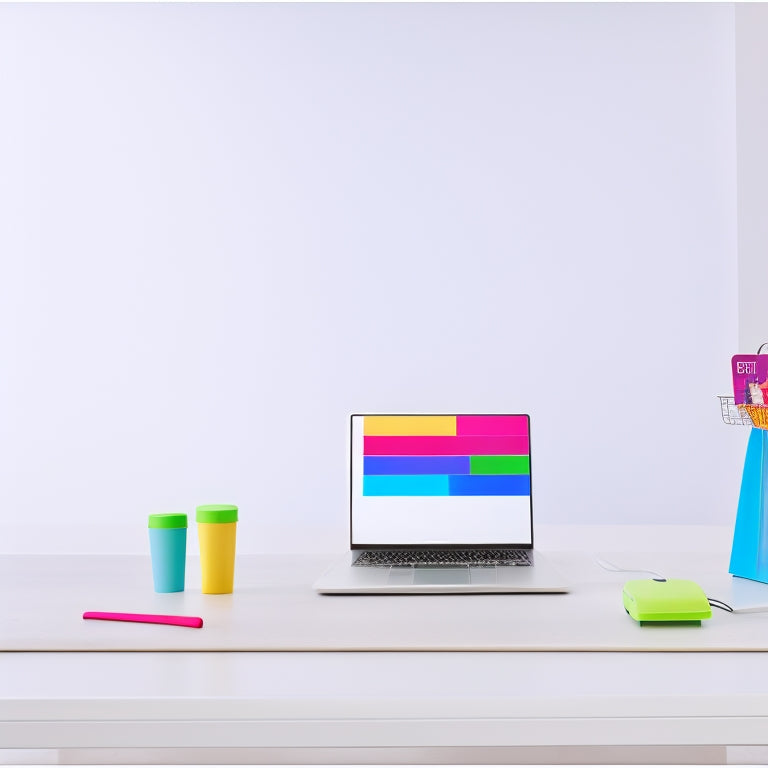 A minimalist illustration of a laptop with a shopping cart icon on the screen, surrounded by colorful digital icons representing analytics, marketing, and customer service tools, on a clean white background.