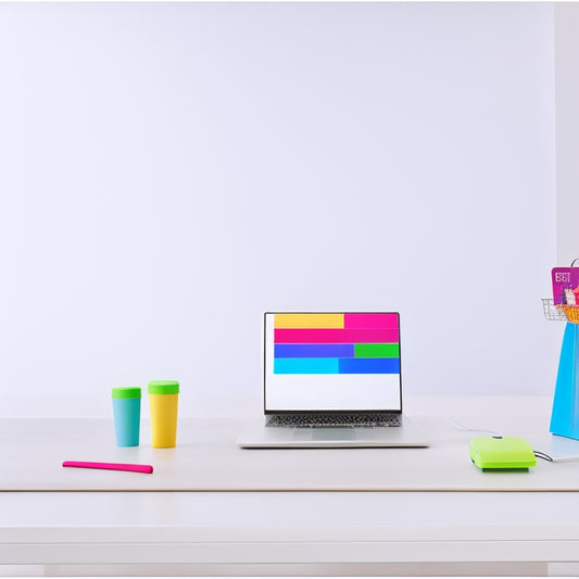 A minimalist illustration of a laptop with a shopping cart icon on the screen, surrounded by colorful digital icons representing analytics, marketing, and customer service tools, on a clean white background.