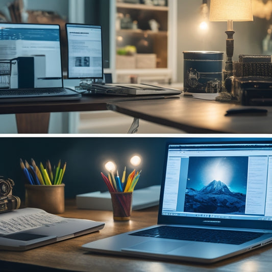A split-screen image featuring a laptop with a glowing ecommerce website on the screen, contrasted with a cluttered, disorganized workspace with scattered papers and broken pencils, symbolizing chaos versus clarity.