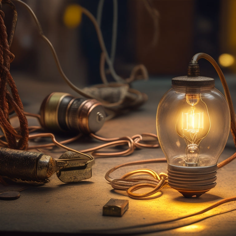 A broken, rusted key stuck in a browser-shaped lock, surrounded by tangled wires and shattered screens, with a faint lightbulb in the background, symbolizing a solution.