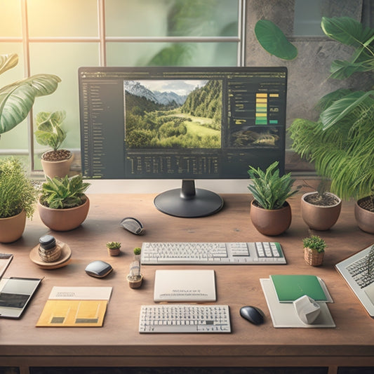 A stylized illustration of a merchant's desk with a neatly organized product feed management system, featuring a central dashboard with interconnected gears and folders, surrounded by calming greenery and a subtle background grid.