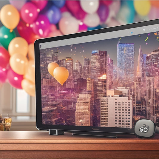 An illustration of a customer's digital device screen displaying a downloaded digital product, surrounded by confetti and balloons, with a subtle cityscape background and a rising graph in the corner.