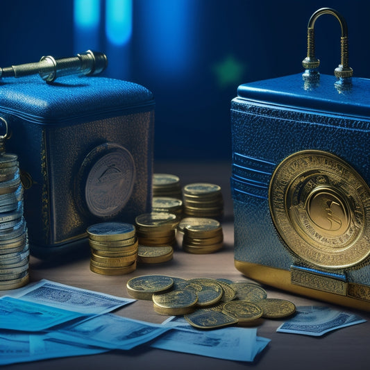 A stylized combination lock with glowing gold coins spilling out, surrounded by stacks of money, a laptop, and a content calendar, set against a dark blue background with subtle profit graphs.