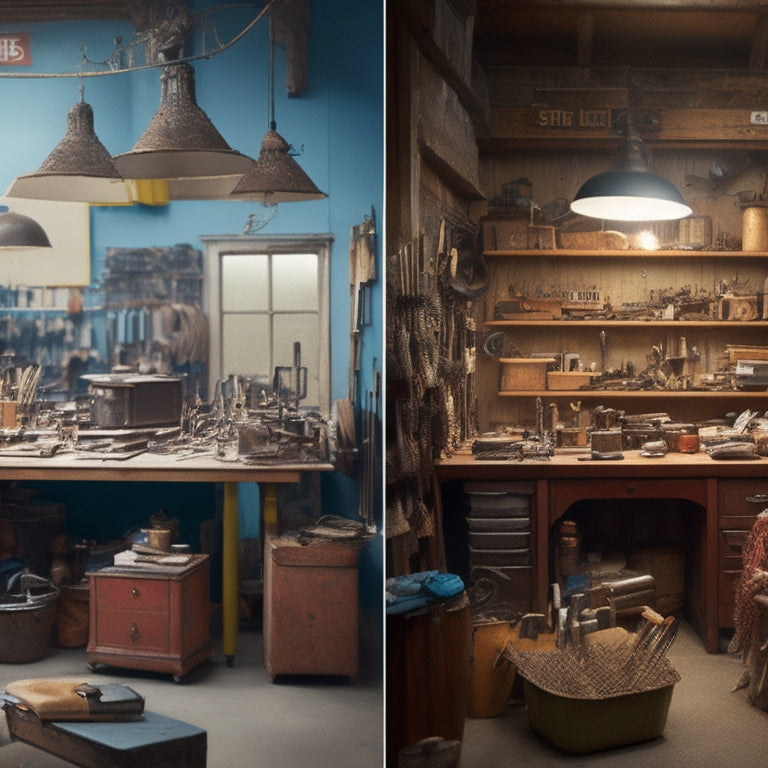 A split-screen image featuring a cluttered workshop with scattered tools and manuals in the background, contrasted with a tidy workspace in the foreground, with a single, organized Switlik store binder and a few neatly arranged tools.