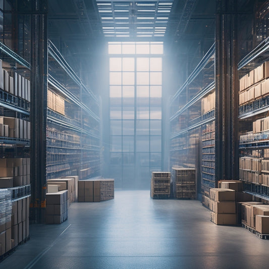 A futuristic warehouse interior with rows of shelves stacked with boxes, robotic arms moving in the background, and a sleek, modern control room with a cityscape visible through the windows.