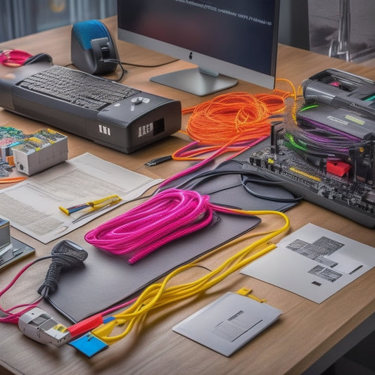 A modern office desk with a state-of-the-art label printer, surrounded by rolls of colorful labels, tangled cables, and a laptop with a connected USB cable, amidst a subtle background of circuit boards.