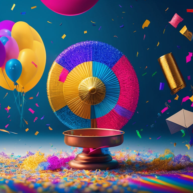 A vibrant, abstract illustration featuring confetti, balloons, and streamers in bold colors, with interactive elements like a spinning wheel, a ballot box, and a trophy in the center.